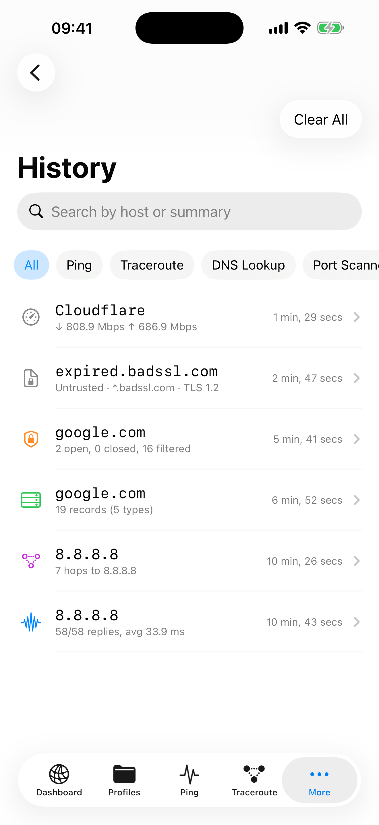 NetKit Pro History showing searchable past results filtered by tool type