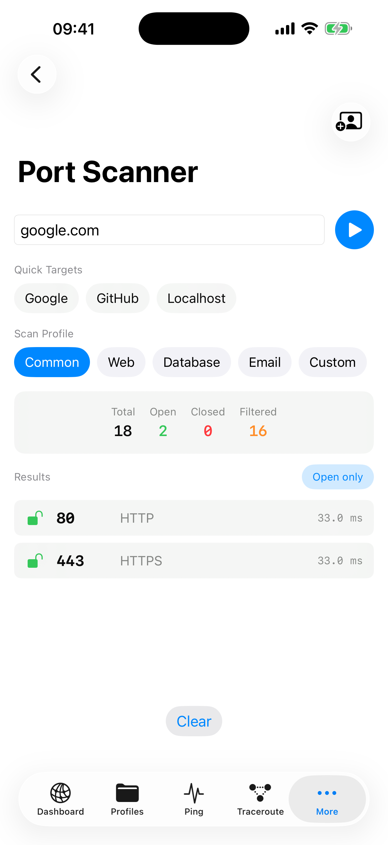 NetKit Pro Port Scanner showing scan profiles and port results