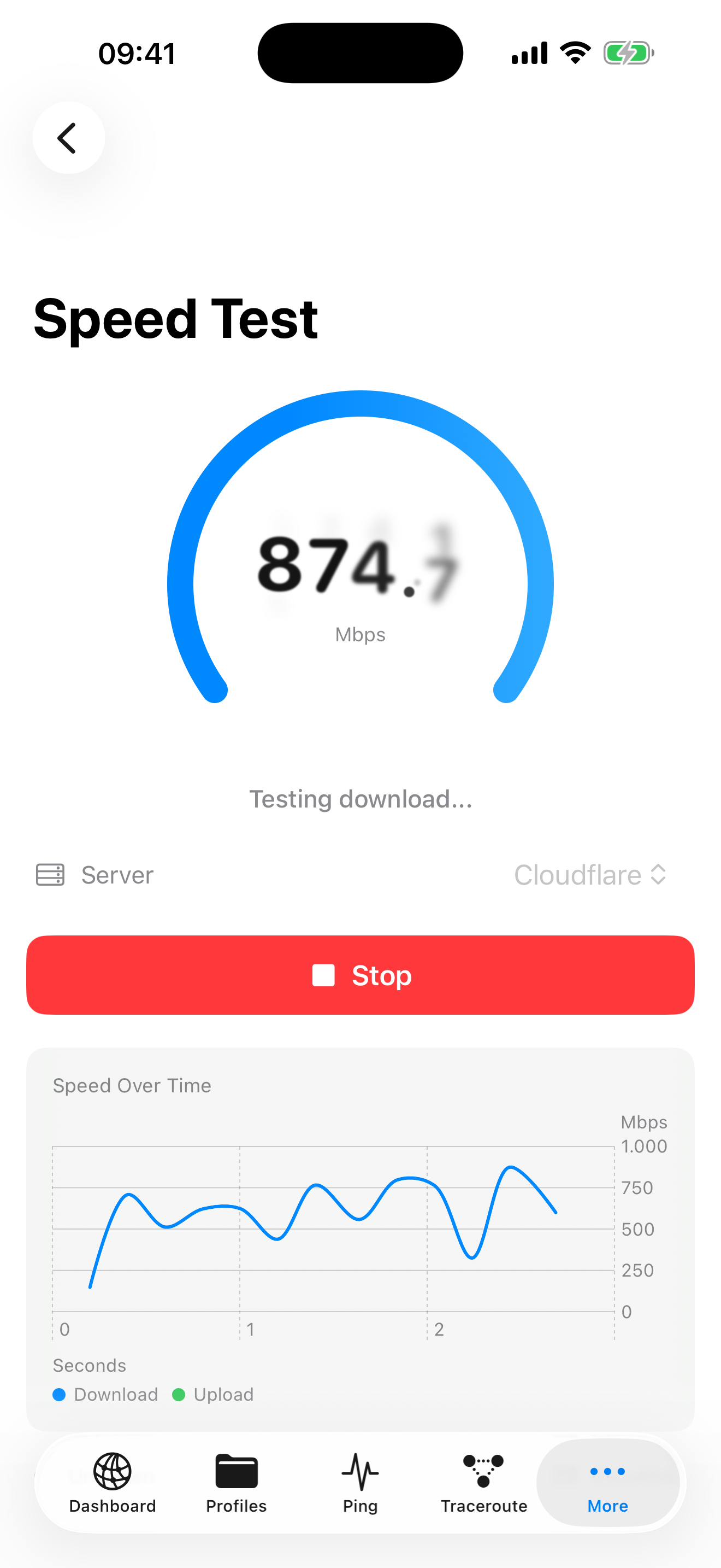NetKit Pro Speed Test showing download and upload bandwidth gauge with speed-over-time chart