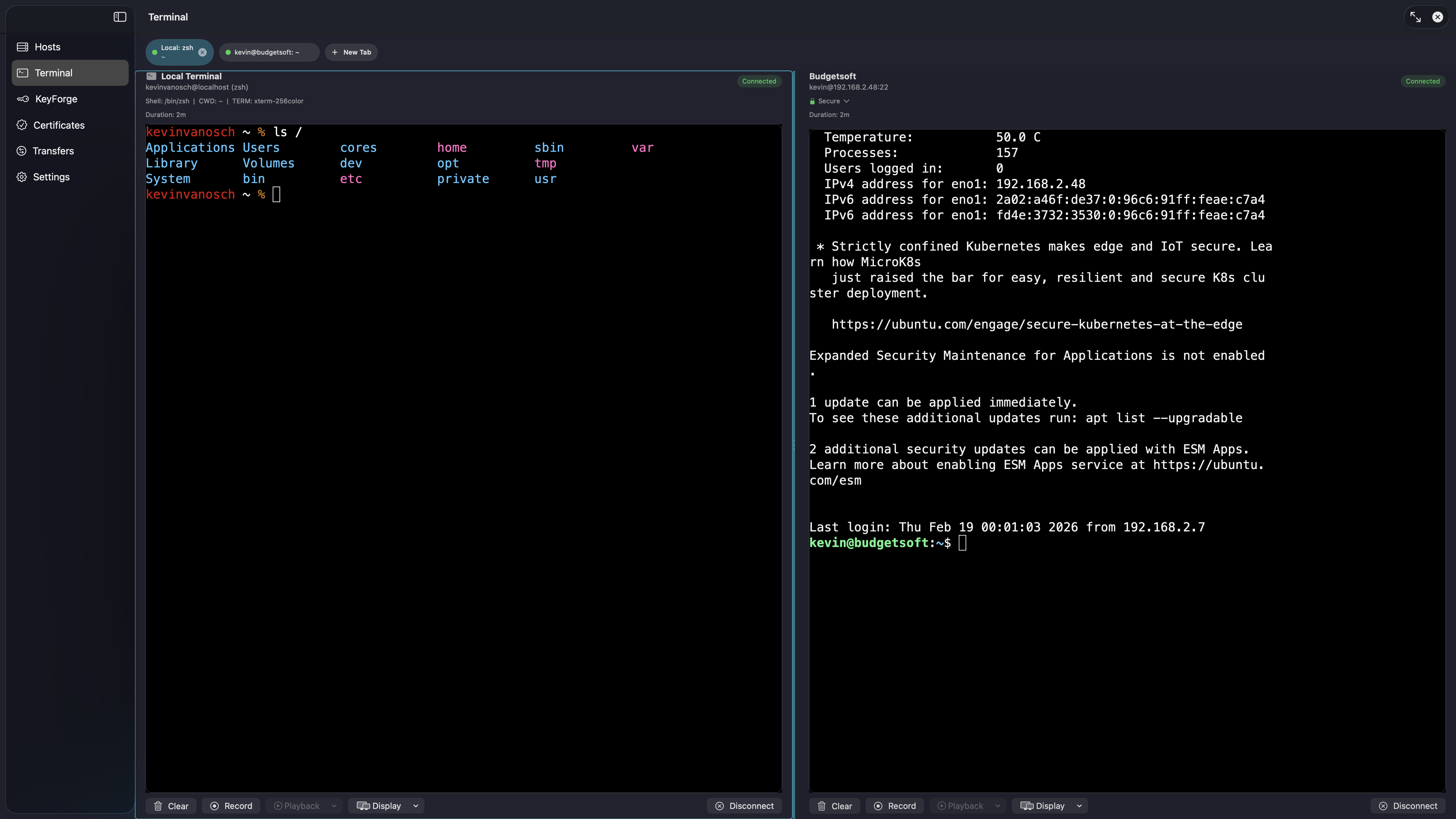 ProSSH Mac minimized to macOS menu bar for instant terminal access