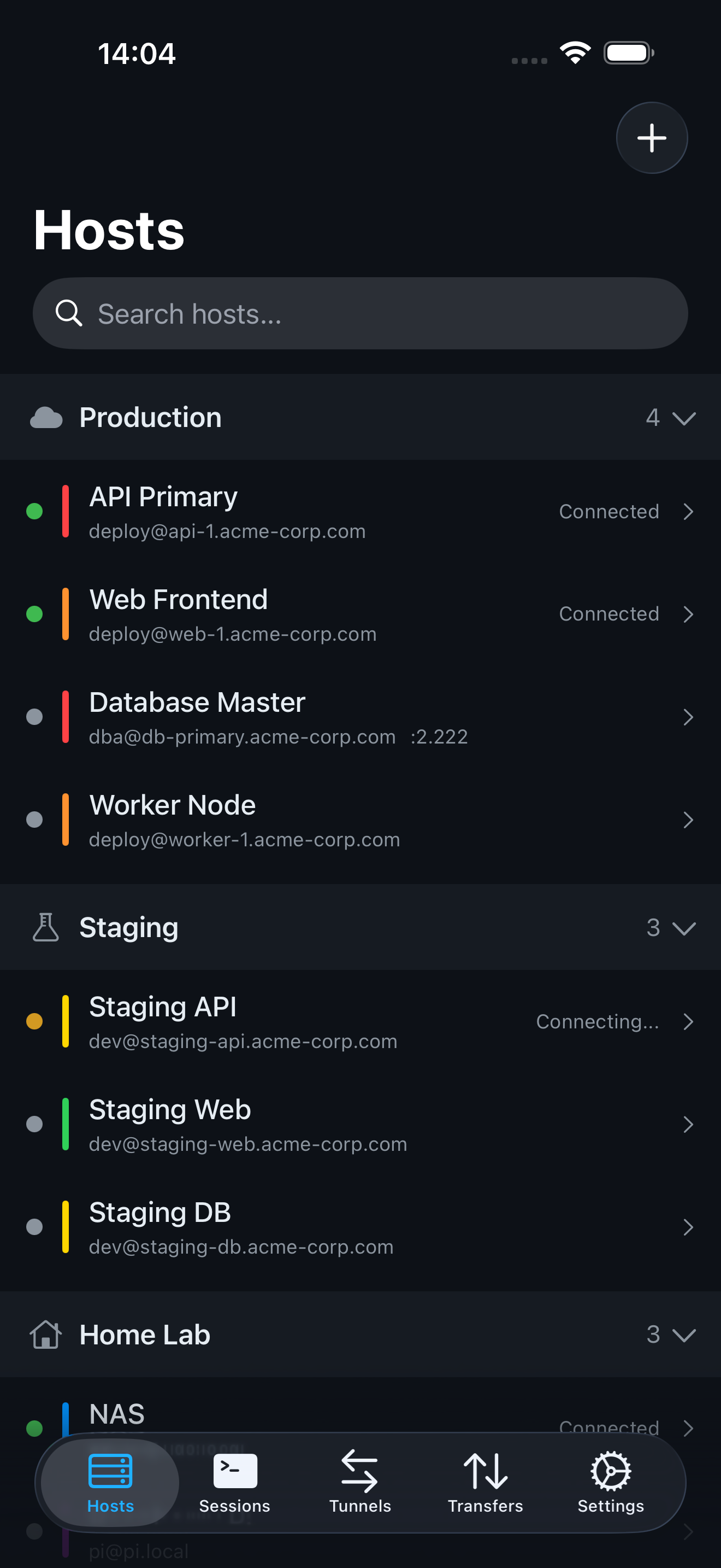 ProSSH Hosts list showing grouped servers with color labels