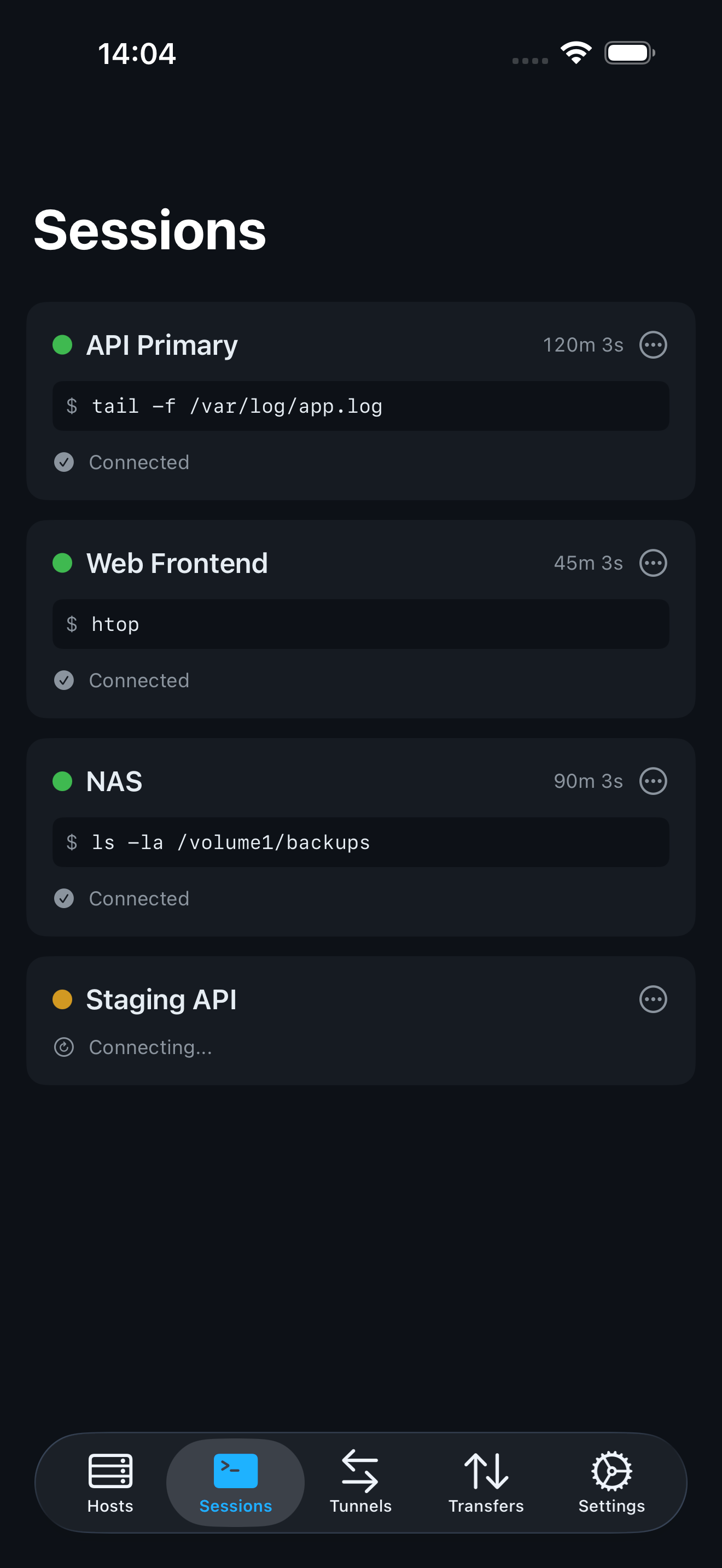 ProSSH Sessions view showing multiple active SSH connections