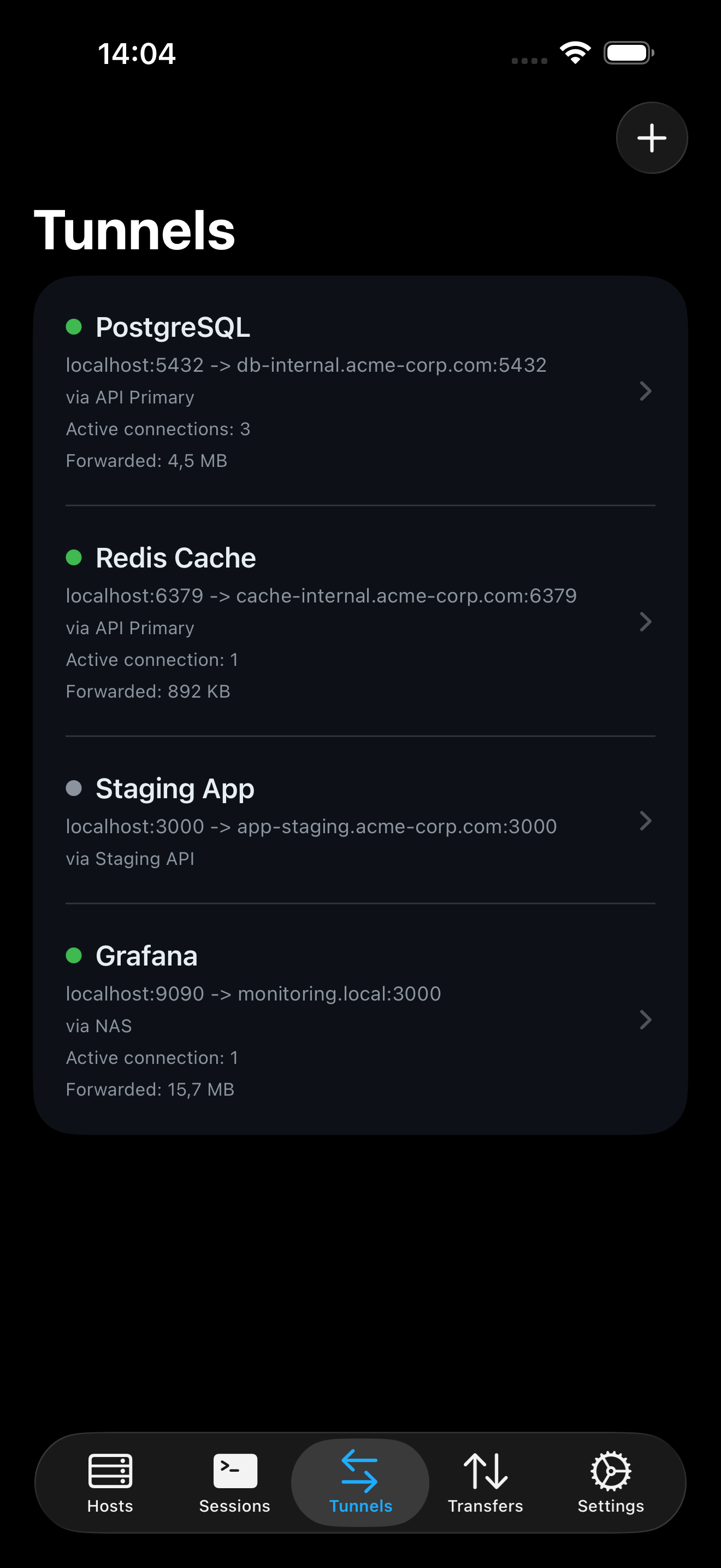 ProSSH port forwarding configuration showing SSH tunnel setup