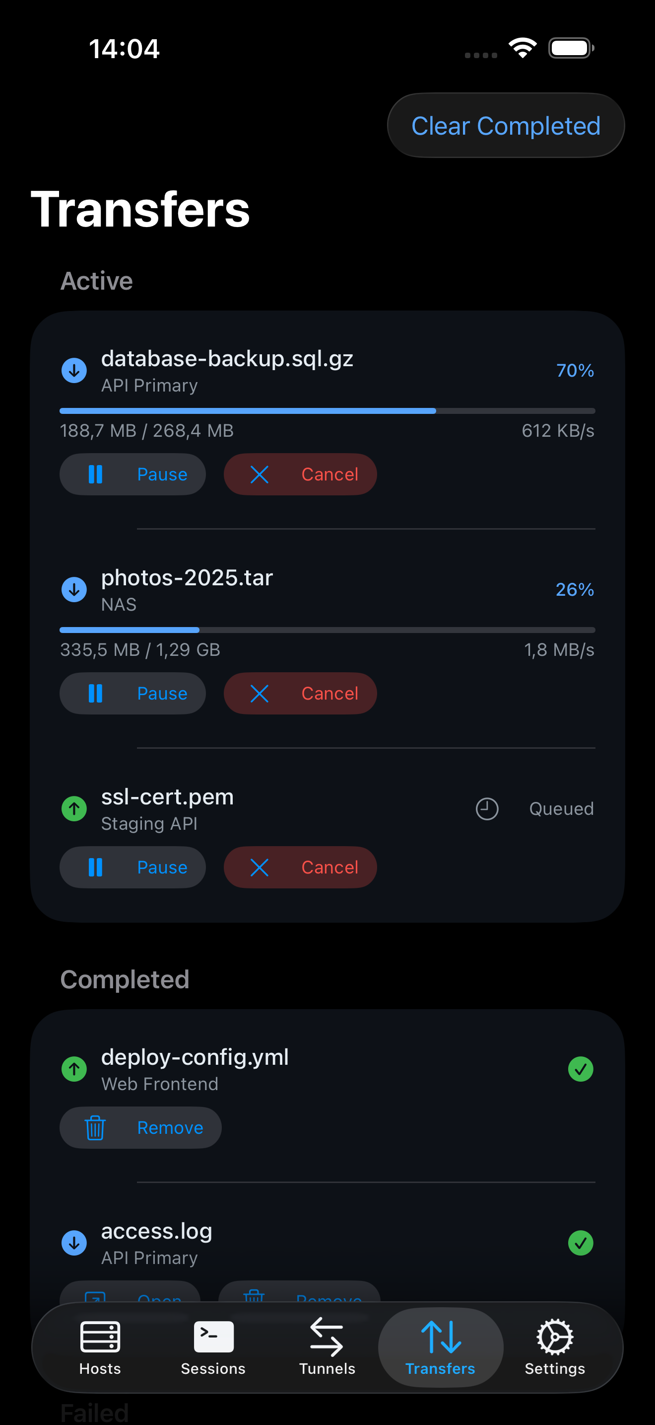 ProSSH SFTP file browser showing directory listing with upload and folder options