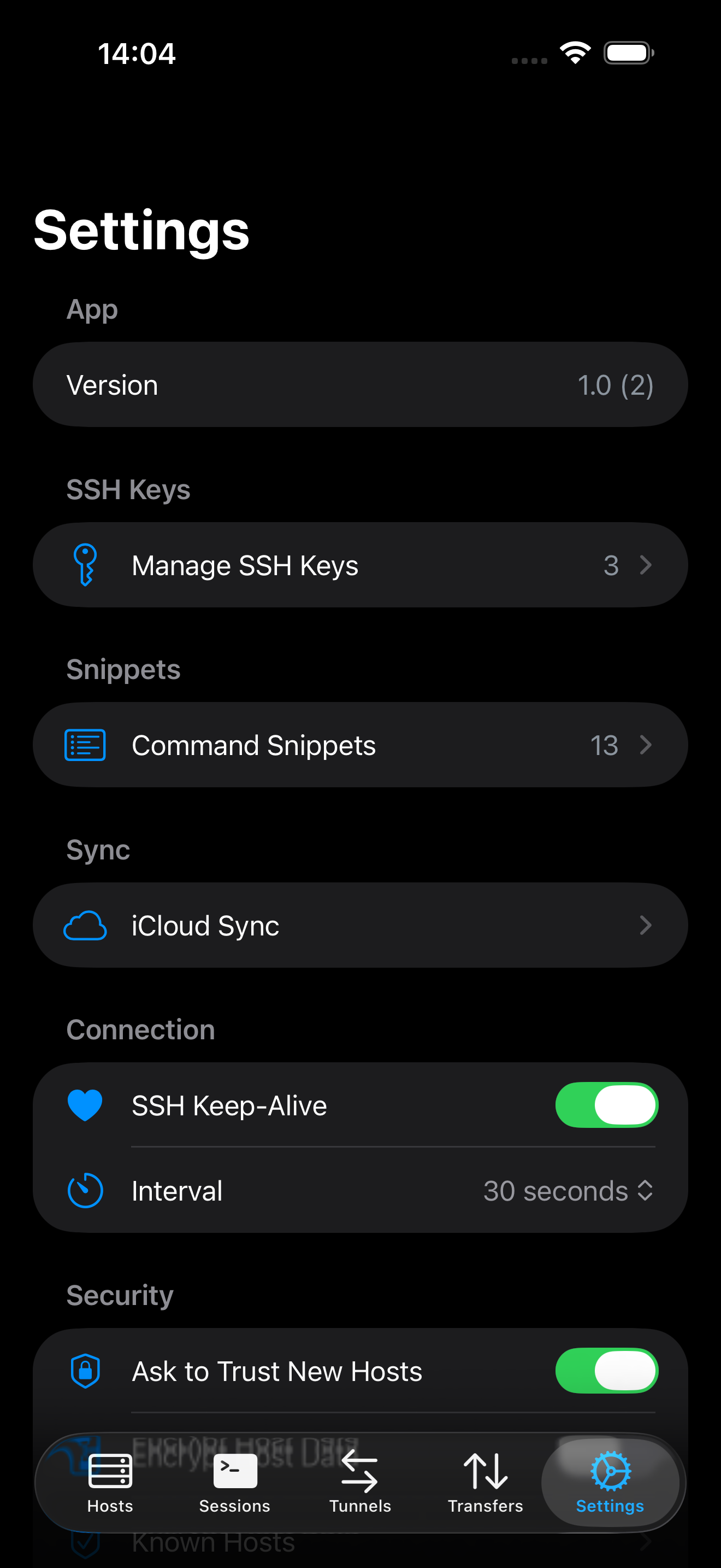 ProSSH Settings menu showing preferences and configuration options